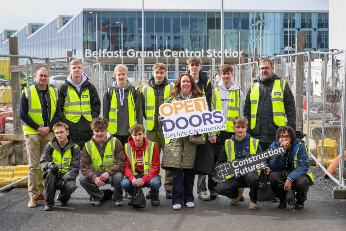 (Back L- R) Steven McGimpsey , Development Manager MRP with SERC Level 3 Construction & the Built Environment students , Danya Kolesnyk, Cameron Tweedie, Jake Kelly, Euan Cranston, Stefan Tinneny, and Kyle Mulholland, SERC Construction lecturer. (Front L- R) Oleksandr Shevchenko, Marcus Ivonici, Josh Johnston, Kim Johnston, SERC Construction Lecturer and students , Jacob Loughlins and Eoghan Isiteketo-Barker. 